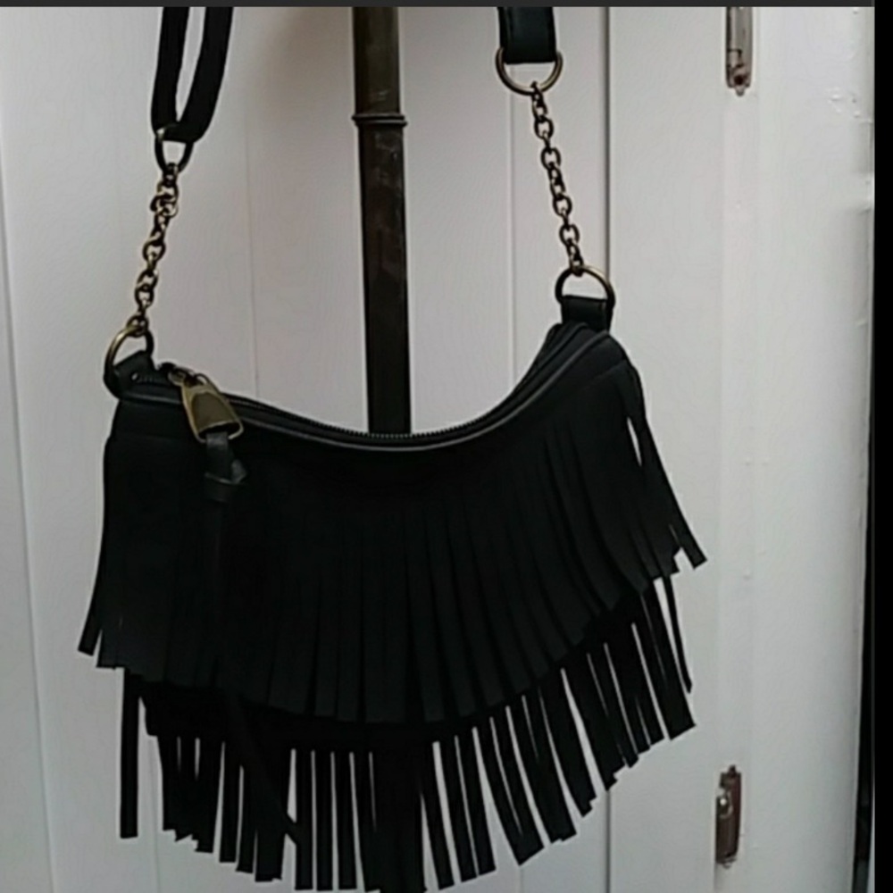Brea Boho Chic Black Fringe Crossbody Bag With Gold Hardware